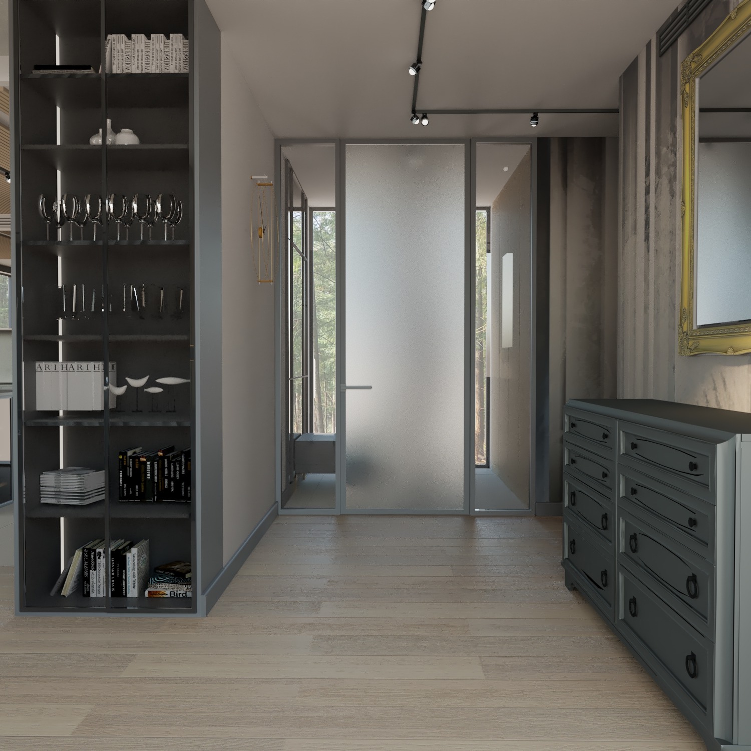 Wnętrze przedpokoju z szarą komodą z dekoracyjnym lustrem w złotej ramie, przeszklonymi drzwiami i regałem na książki oraz dekoracje.