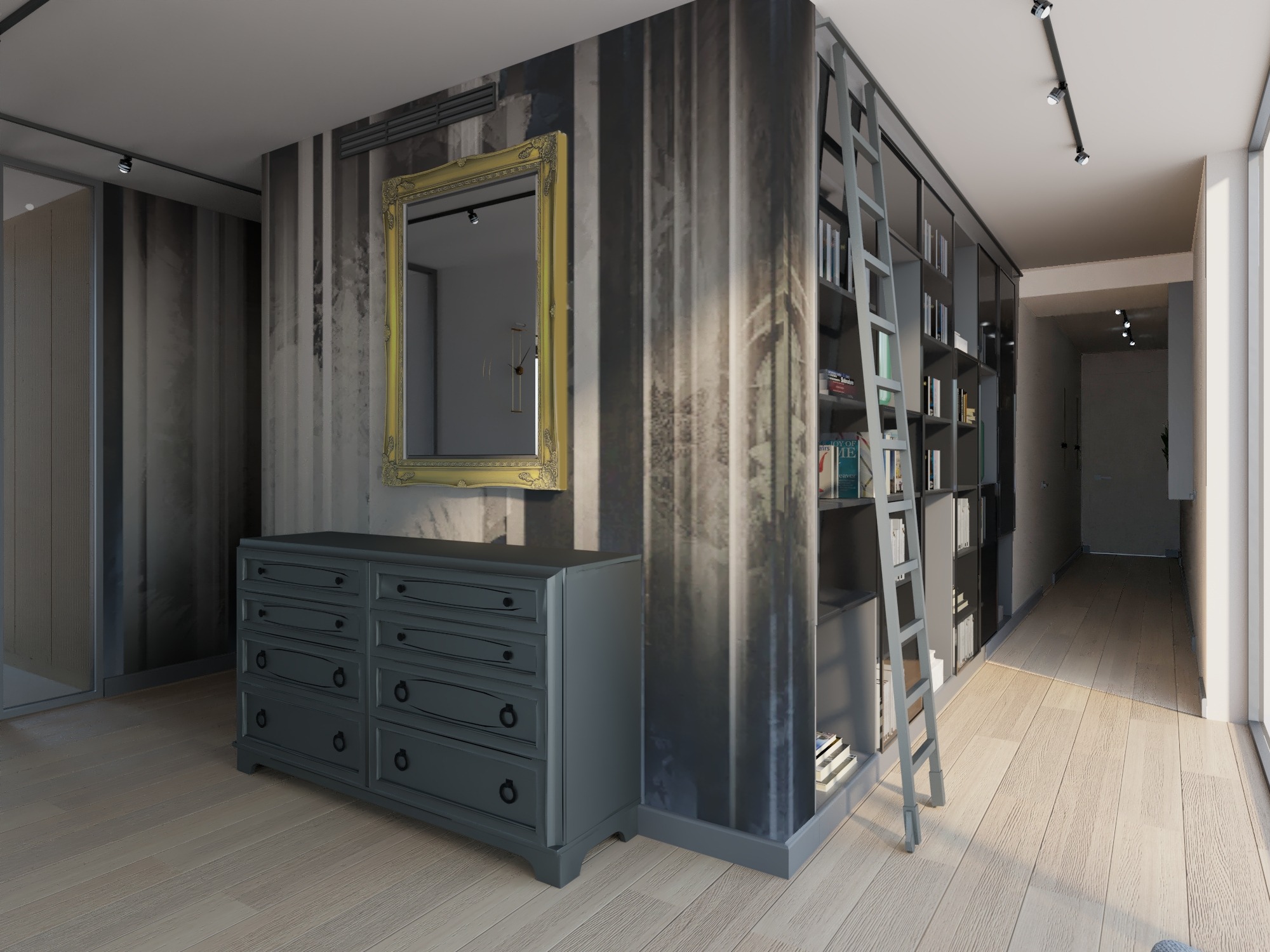 Szara komoda z lustrem w złotej ramie na tle ściany w pionowe pasy, obok regał z drabinką w nowoczesnym wnętrzu.