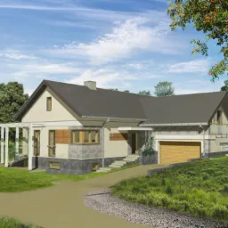 Wizualizacja projektu domu jednorodzinnego z garażem, parterowego z poddaszem użytkowym, z elementami drewnianymi na elewacji i pergolą przy wejściu, otoczonego zielenią.