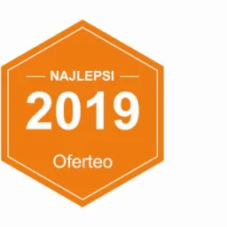 Pomarańczowa odznaka Oferteo 'Najlepsi 2019' na białym tle.