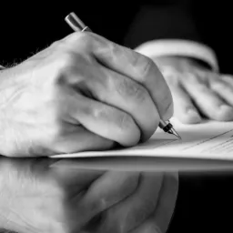 Czarno-białe zbliżenie dłoni podpisującej dokument piórem wiecznym na błyszczącym stole, z widocznym odbiciem.