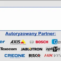 Grafika przedstawia logotypy firm partnerskich, w tym Roger, Axis, Bosch, Genway, Satel, Texecom, Jablotron, Optiva, Optex, Assa Abloy, Creone, Risco, Hikvision oraz PCSC, z napisem 'Autoryzowany...