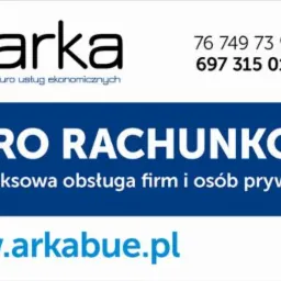 Wizytówka Biura Rachunkowego Arka z logo, numerami telefonów i adresem strony internetowej, oferującego kompleksową obsługę firm i osób prywatnych.