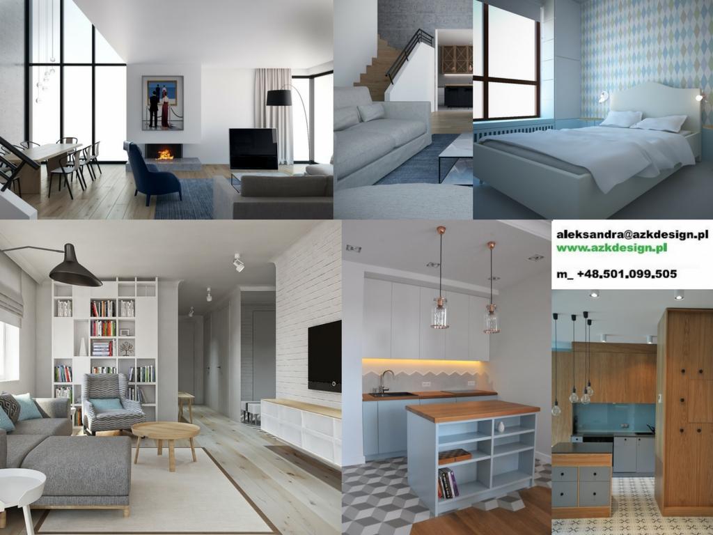 Kolaż przedstawiający różne pomieszczenia: salon z wysokim oknem i kominkiem, sypialnia z tapetą w romby, pokój dzienny z regałem na książki i kuchnia z wyspą oraz dekoracyjnym oświetleniem.