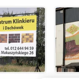 Dwa banery reklamowe: jeden na stojaku z ofertą cegieł klinkierowych i dachówek, z wizerunkiem kobiety i adresem www, drugi zawieszony na budynku z ofertą ekskluzywnych mebli.