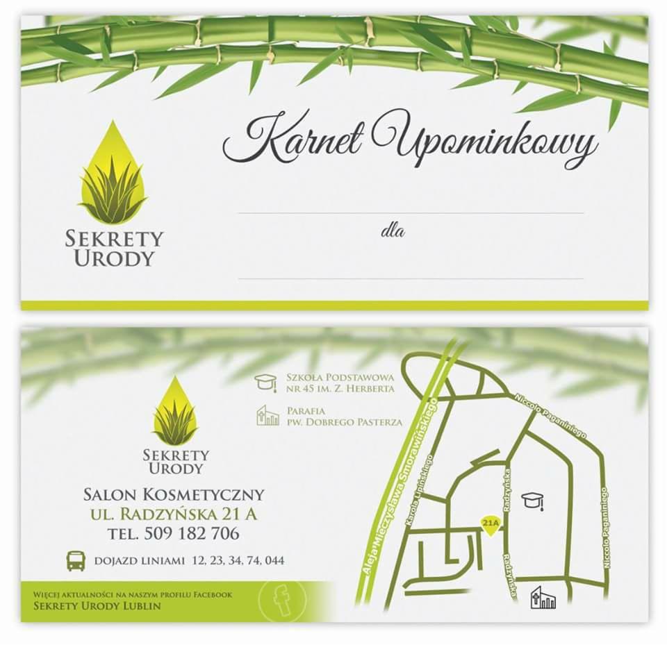 Karnet upominkowy z logo 'Sekrety Urody' i mapką dojazdu do salonu kosmetycznego w Lublinie, zdobiony motywem bambusa.