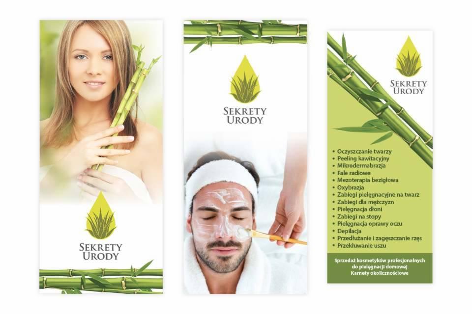 Kompozycja trzech pionowych banerów reklamowych: kobieta trzymająca pędy bambusa, mężczyzna z nałożoną maseczką na twarzy podczas zabiegu kosmetycznego, lista zabiegów pielęgnacyjnych na zielonym...