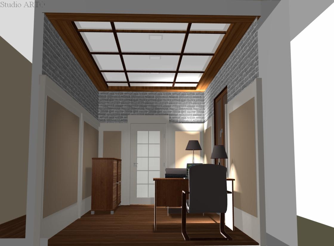 Wizualizacja biura domowego z ceglaną ścianą, drewnianym sufitem kasetonowym, biurkiem i krzesłem w stylu minimalistycznym.