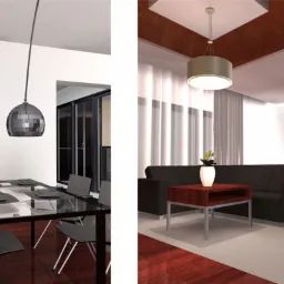 Wizualizacja wnętrza domu: jadalnia z czarnym szklanym stołem i krzesłami oraz salon z czarną sofą i stolikiem kawowym na drewnianej podłodze.