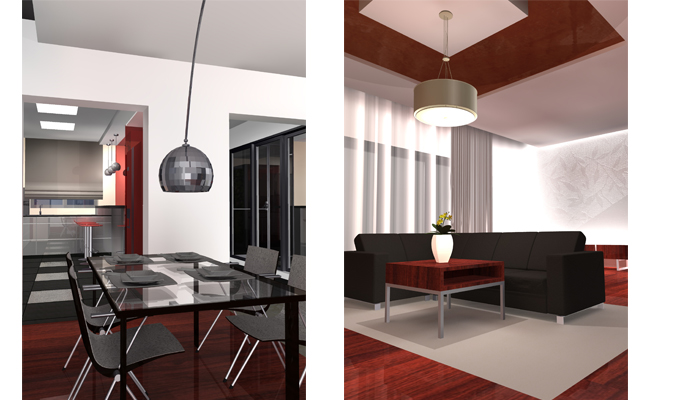 Wizualizacja wnętrza domu: jadalnia z czarnym szklanym stołem i krzesłami oraz salon z czarną sofą i stolikiem kawowym na drewnianej podłodze.