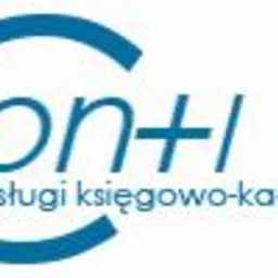 Niebieskie logo firmy 'Conti' z napisem 'Usługi księgowo-kadrowe' pod spodem.