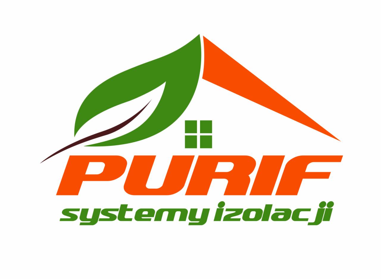 Logo firmy PURIF systemy izolacji z motywem domu i liścia w kolorach pomarańczowym i zielonym.