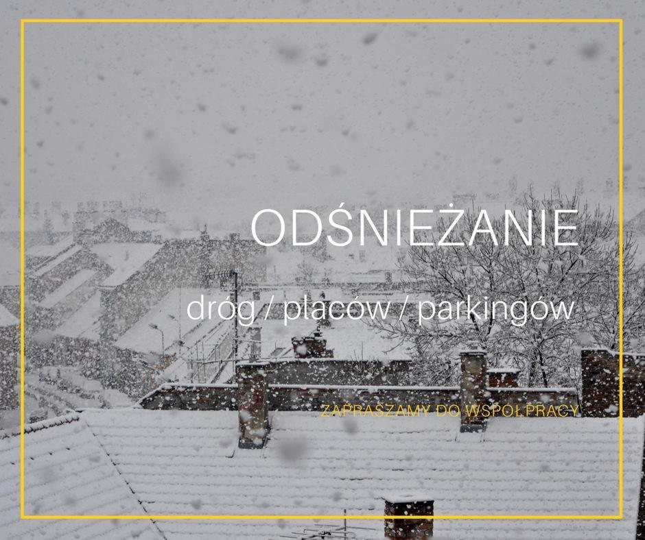 Śnieżny krajobraz miejski z dachami pokrytymi śniegiem, tekst informujący o odśnieżaniu dróg, placów i parkingów, zapraszający do współpracy.