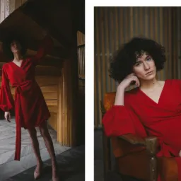 Dwa ujęcia modelki w czerwonej sukience z balonowymi rękawami: jedno przy drewnianej spiralnej klatce schodowej, drugie w fotelu na tle drewnianej ściany.