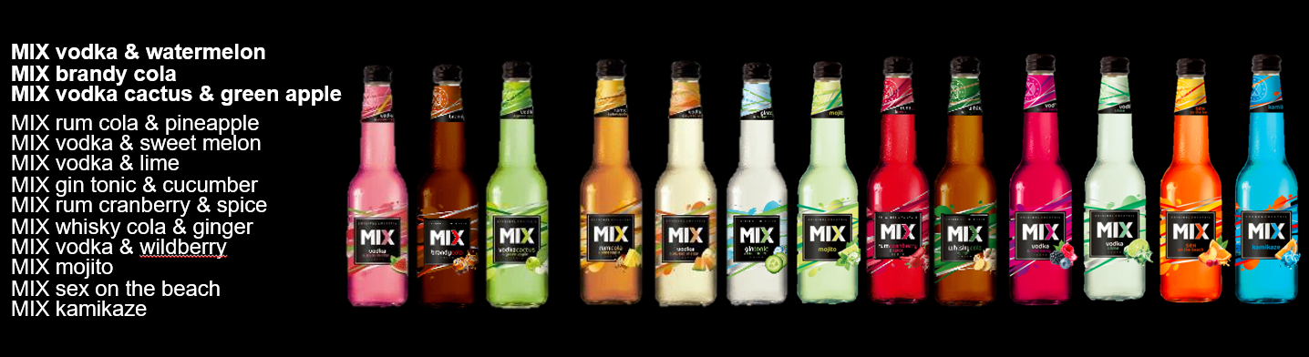 Szeroki wybór kolorowych butelek z gotowymi drinkami Mix o różnych smakach, na czarnym tle.