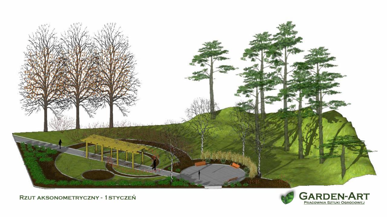 Rzut aksonometryczny projektu zagospodarowania terenu z alejką z pergolą, okrągłym placem z ławkami i drzewami liściastymi oraz iglastymi.