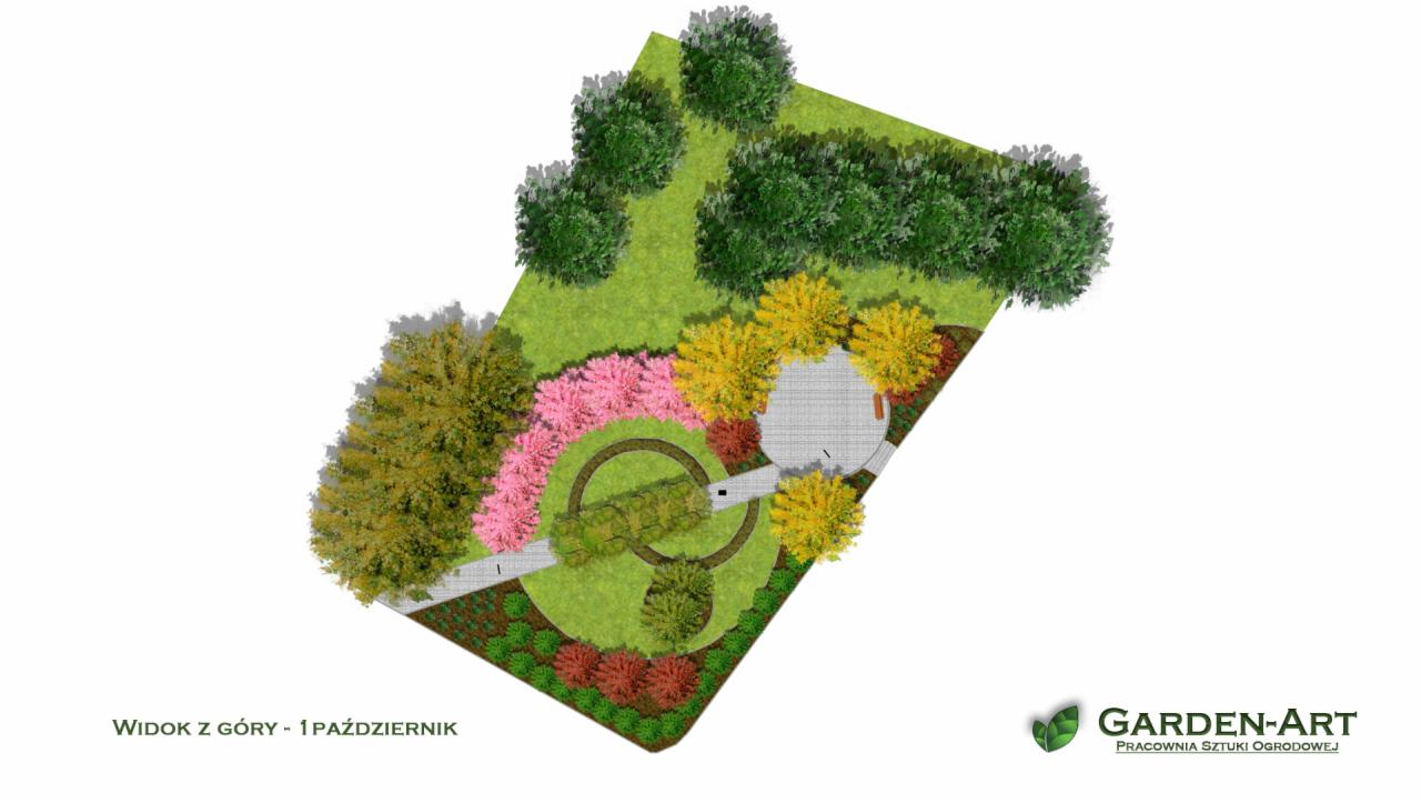 Wizualizacja z lotu ptaka projektu ogrodu w październiku, z okrągłym patio, ścieżkami i różnokolorowymi drzewami.