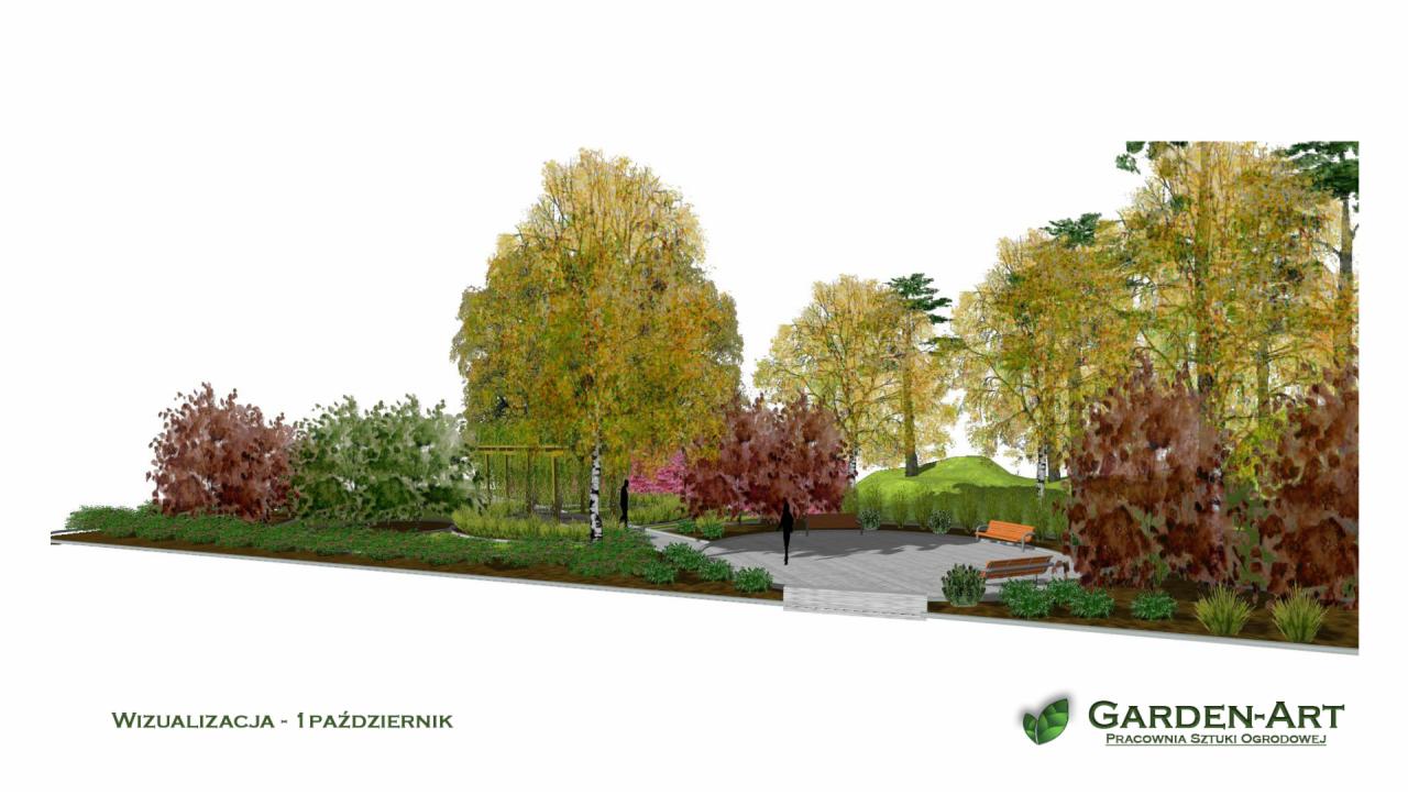 Wizualizacja 3D ogrodu w Starachowicach z drzewami o jesiennych barwach, ławkami i ścieżką, prezentowana przez firmę Garden-Art.