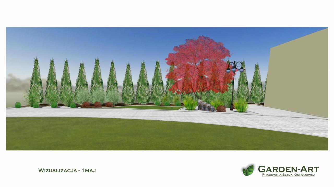 Wizualizacja ogrodu z rzędem tuj, czerwonym drzewem i lampą, z trawnikiem i ścieżką z kostki.
