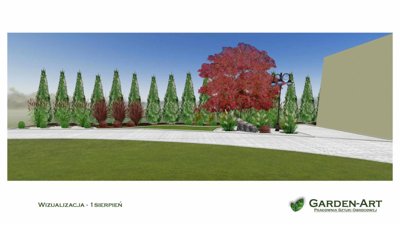 Wizualizacja ogrodu z równo przyciętymi tujami, czerwonolistnym drzewem i ścieżką z jasnej kostki, uzupełniona o lampę ogrodową i pojedynczy kamień dekoracyjny.