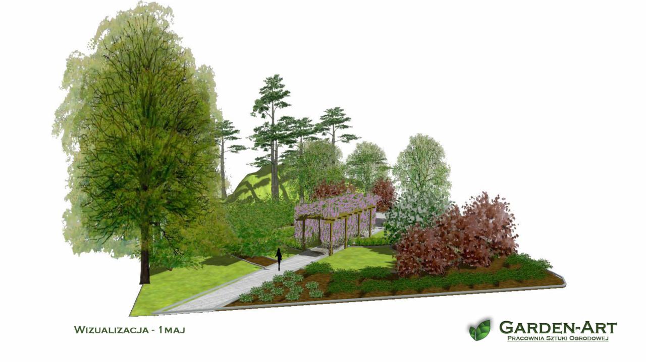 Wizualizacja projektu ogrodu z pergolą obsadzoną kwitnącą wisterią, ścieżką z kostki i różnorodną roślinnością, w tle wzgórze z drzewami iglastymi.