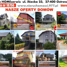 Zestawienie zdjęć domów i budynków z Ostrowca Świętokrzyskiego, prezentowanych przez agencję nieruchomości HOMEserwis, z informacjami o ofercie bez prowizji i rezerwacjach.
