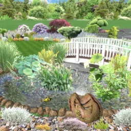 Wizualizacja ogrodu z oczkiem wodnym, białym mostkiem i różnorodną roślinnością, w tle dom z czerwonym dachem.