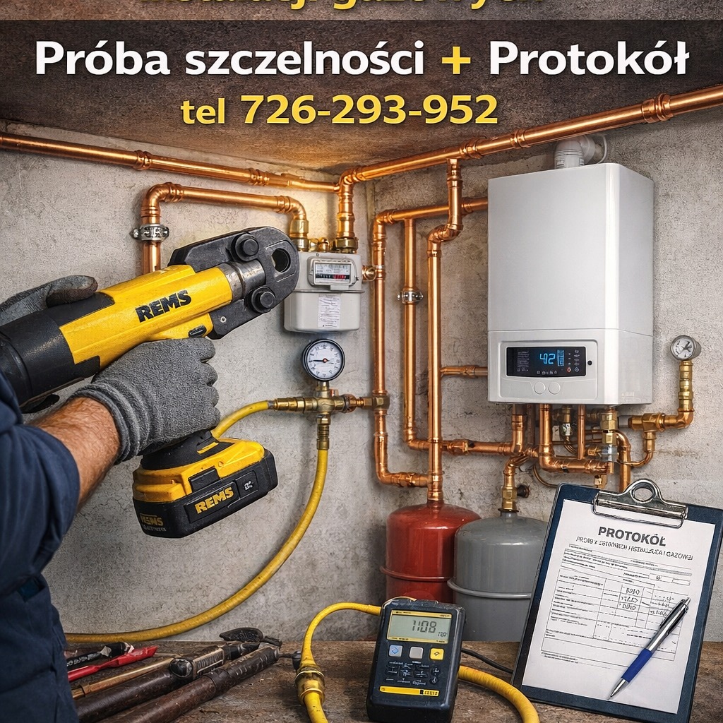 Próba szczelności instalacji gazowej: kotła, rur miedzianych i licznika. Miernik, protokół i zaciskarka REMS. Numer telefonu na górze zdjęcia.