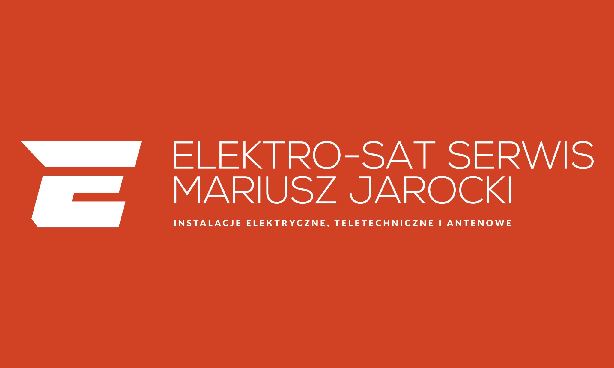 Logo firmy Elektro-Sat Serwis Mariusza Jarockiego na pomarańczowym tle, oferującej instalacje elektryczne, teletechniczne i antenowe.