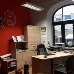 Wnętrze biura z czerwonym akcentem na ścianie, logo firmy, biurko z krzesłami, szafa z dokumentami i widok na ulicę przez duże okno.