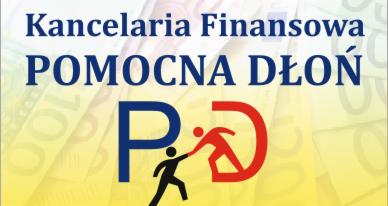 Grafika Kancelarii Finansowej Pomocna Dłoń z motywem stylizowanej postaci podającej rękę, na tle rozmytych banknotów.