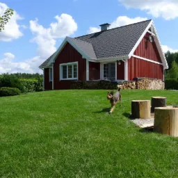 Czerwony dom jednorodzinny w stylu skandynawskim z szarym dachem w Konstancinie-Jeziornej, z psem biegającym po trawniku i stosem drewna przy ścianie.