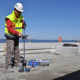 Pracownik w kasku i kamizelce odblaskowej wykonuje pomiary gruntu przy użyciu urządzenia TERRATEST ST3000 na betonowej powierzchni nabrzeża z widokiem na morze.