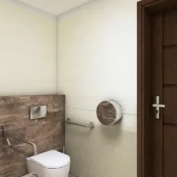 Toaleta dla niepełnosprawnych z uchwytami i podajnikiem papieru toaletowego, wykończona płytkami imitującymi drewno i jasnymi płytkami.