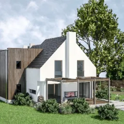 Wizualizacja nowoczesnego domu jednorodzinnego z białymi ścianami i drewnianą elewacją, otoczonego zielonym trawnikiem i drzewami, z zadaszonym tarasem i kominkiem zewnętrznym.