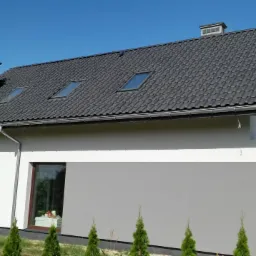 Nowoczesny dom jednorodzinny z ciemnoszarą dachówką, trzema oknami dachowymi i jasną elewacją z szarymi akcentami, widoczny z poziomu gruntu, z młodymi tujami wzdłuż ściany.