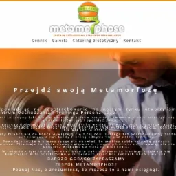 Strona internetowa centrum odchudzania i treningu personalnego Metamorphose z mężczyzną trzymającym hantel w tle.