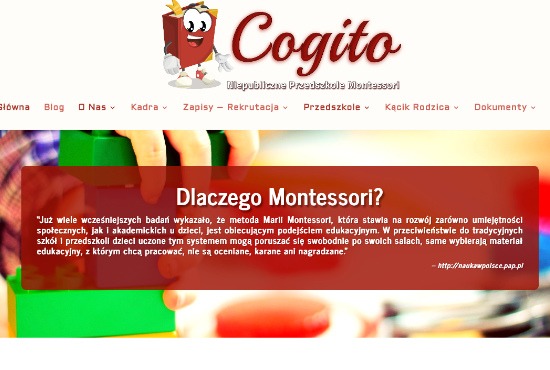 Zrzut ekranu strony internetowej przedszkola Montessori z logo Cogito, menu nawigacyjnym i fragmentem tekstu wyjaśniającego metodę Montessori na tle rozmytych klocków.