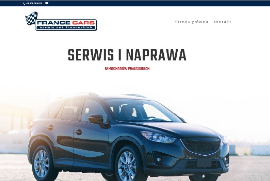 Strona internetowa firmy France Cars z ciemnym SUV-em na tle, z tekstem 'Serwis i naprawa samochodów francuskich' na białym tle.