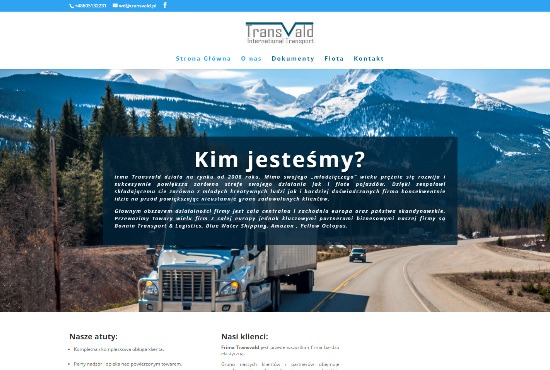 Strona internetowa firmy transportowej TransVald z widocznym nagłówkiem, menu, tekstem o firmie i zdjęciem ciężarówki na tle górskiego krajobrazu.