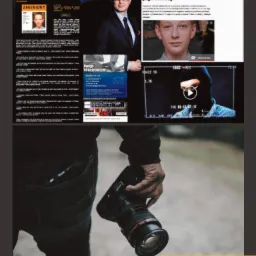 Mężczyzna trzyma profesjonalny aparat fotograficzny, w tle kolaż z nagłówkami prasowymi i wizerunkami osób zaginionych, oraz logo agencji detektywistycznej.