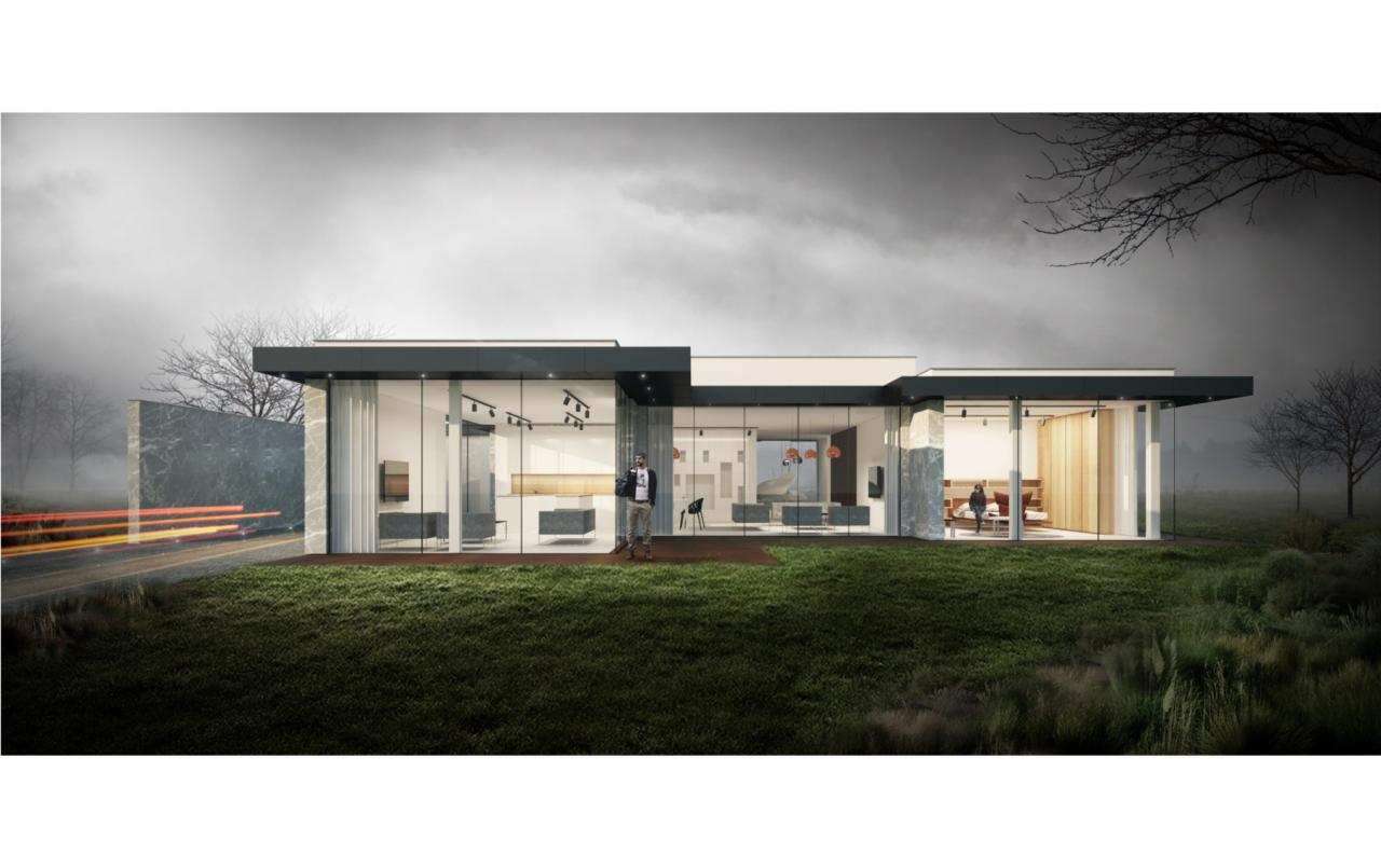 Wizualizacja nowoczesnego domu z przeszkloną fasadą i płaskim dachem, z sylwetką mężczyzny na tle wnętrza, w pochmurny dzień.