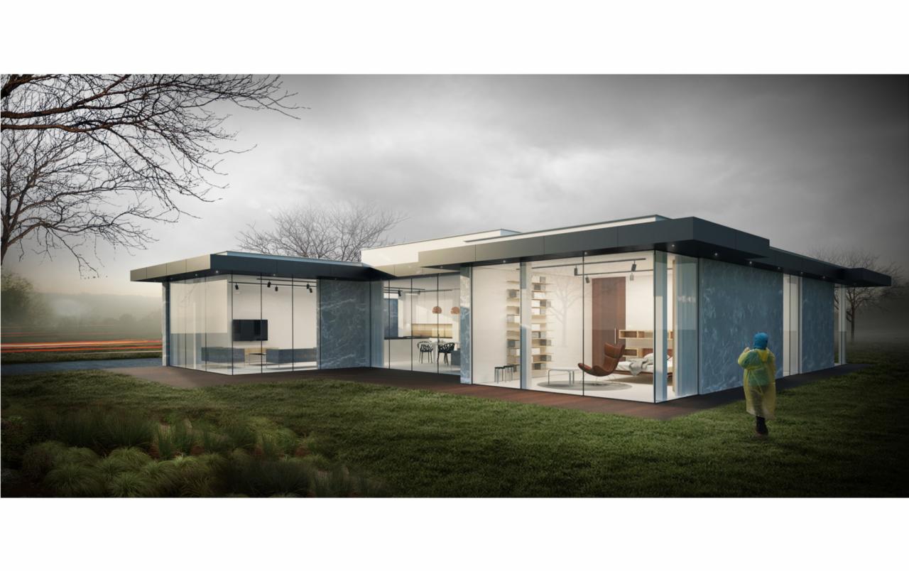 Wizualizacja nowoczesnego, parterowego domu z przeszklonymi ścianami, otoczonego trawnikiem i drzewami, z osobą w żółtym płaszczu w oddali.