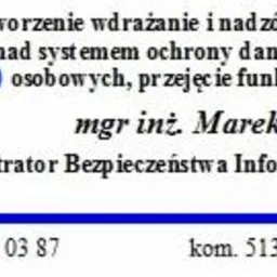 Wizytówka firmy ODO oferującej tworzenie, wdrażanie i nadzór nad systemem ochrony danych osobowych, przejęcie funkcji ABI, z imieniem i nazwiskiem mgr inż. Marek Hendzel, Administrator...