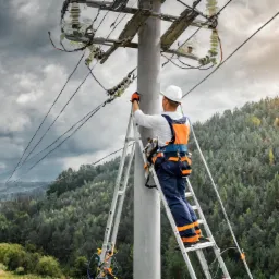Elektryk w kasku i odzieży roboczej na drabinie przy słupie energetycznym, wykonujący prace na wysokości, widok od dołu na tle pochmurnego nieba i zalesionego terenu.
