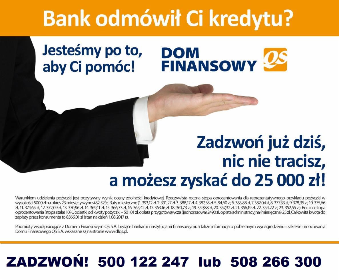 Reklama firmy finansowej Dom Finansowy QS: dłoń w geście pomocy, obok logo i hasło 'Bank odmówił Ci kredytu? Jesteśmy po to, aby Ci pomóc!', zachęta do kontaktu telefonicznego i informacja...