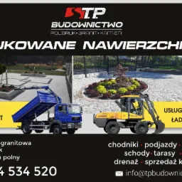 Reklama firmy budowlanej STP z wizualizacjami ułożonych nawierzchni z kostki, własnym transportem i usługami koparko-ładowarką, kontakt telefoniczny i email.