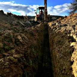 Żółta koparko-ładowarka na tle błękitnego nieba i lasu, pogłębiająca długi wykop w ziemi.