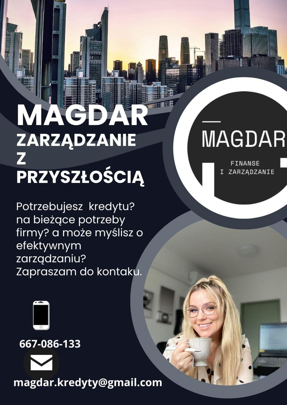 Grafika reklamowa firmy Magdar Zarządzanie z Przyszłością, oferującej usługi finansowe i zarządzanie, z widokiem na panoramę miasta i uśmiechniętą kobietą trzymającą filiżankę.