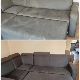 Porównanie: narożnik z szarej tapicerki przed i po praniu, widoczne wyraźne różnice w czystości materiału, zacieki usunięte.